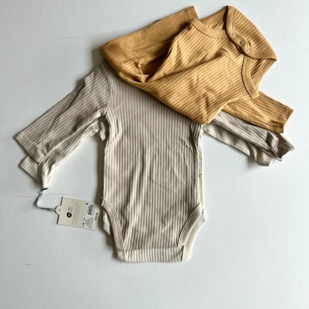 2 Cloud Island 3pc Ribbed Cream and Tan Baby Bodysuit Set Long Sleeve Bird Print - Picture 11 of 13